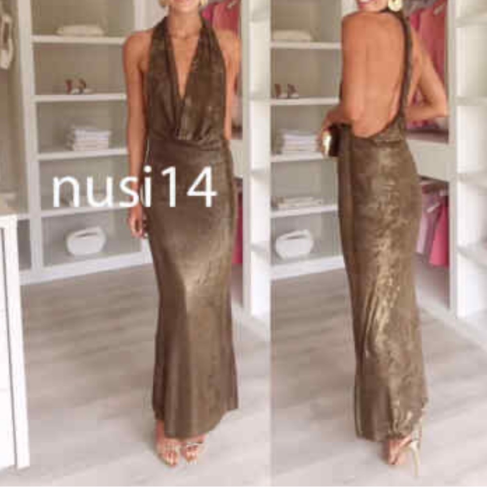 Zara Metallic Halter T Twisted Back Strap Gold Dress 🆕